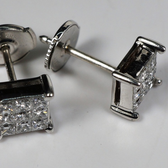 18KW Gold Invisible set Princess Diamond Earrings - Picture 2 of 7